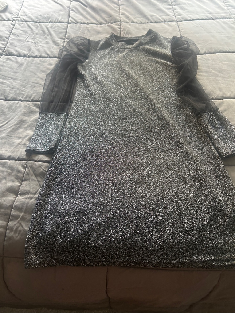 Sparkle Black Puff-Sleeve Shift Dress